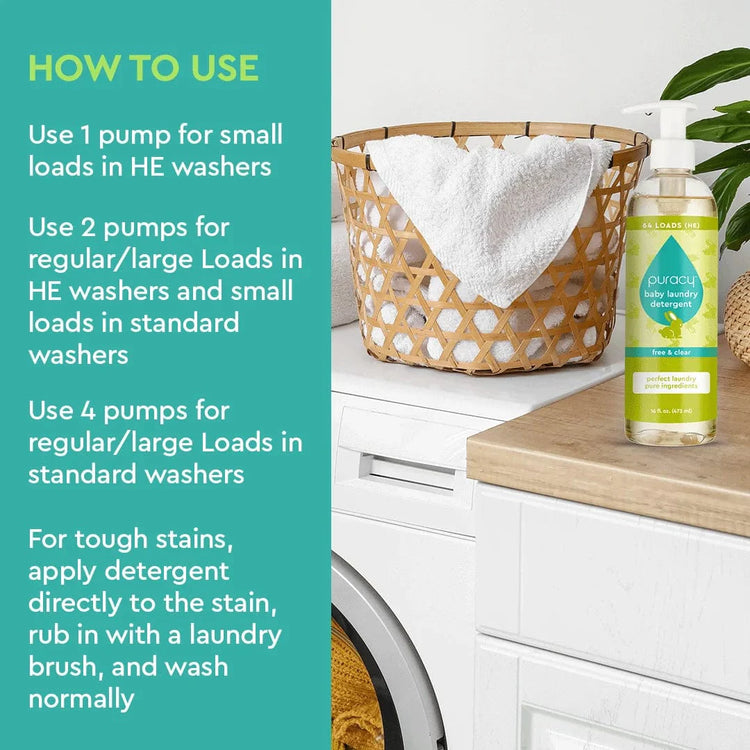 Puracy baby laundry detergent bottle, unscented, designed for gentle cleaning of baby clothes and delicate fabrics.