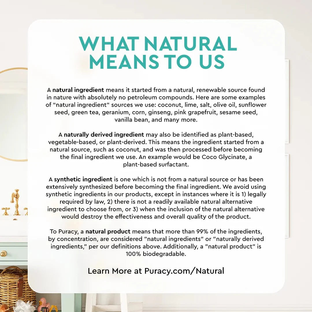 Puracy baby laundry detergent in a white bottle, unscented formula, gentle for baby clothes and sensitive skin.