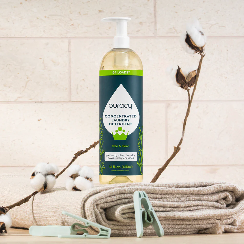 Puracy concentrated sulfate-free laundry detergent in a white bottle, suitable for gentle, effective cleaning of clothes.