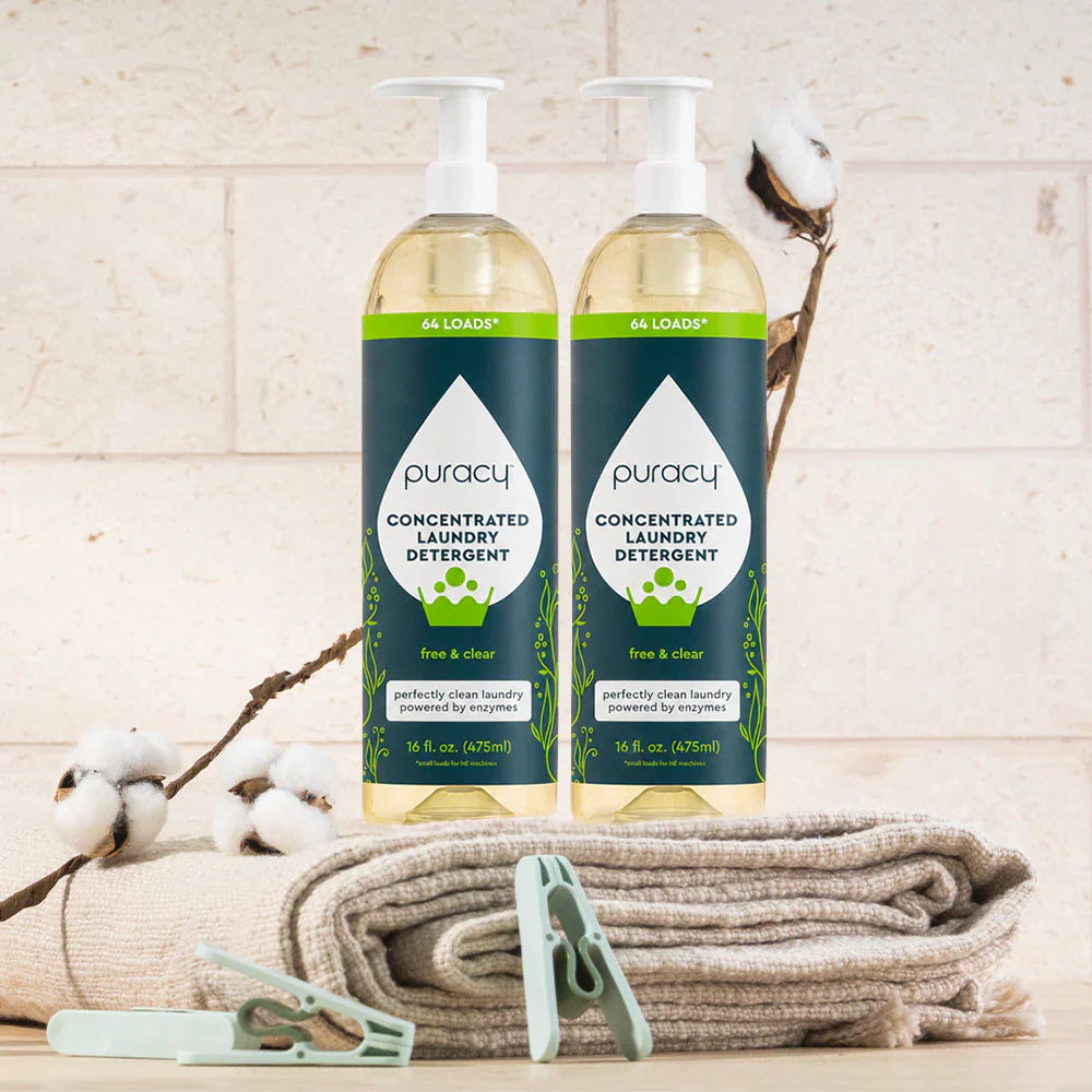 Puracy concentrated unscented sulfate-free laundry detergent bottle for effective, gentle cleaning of clothes.
