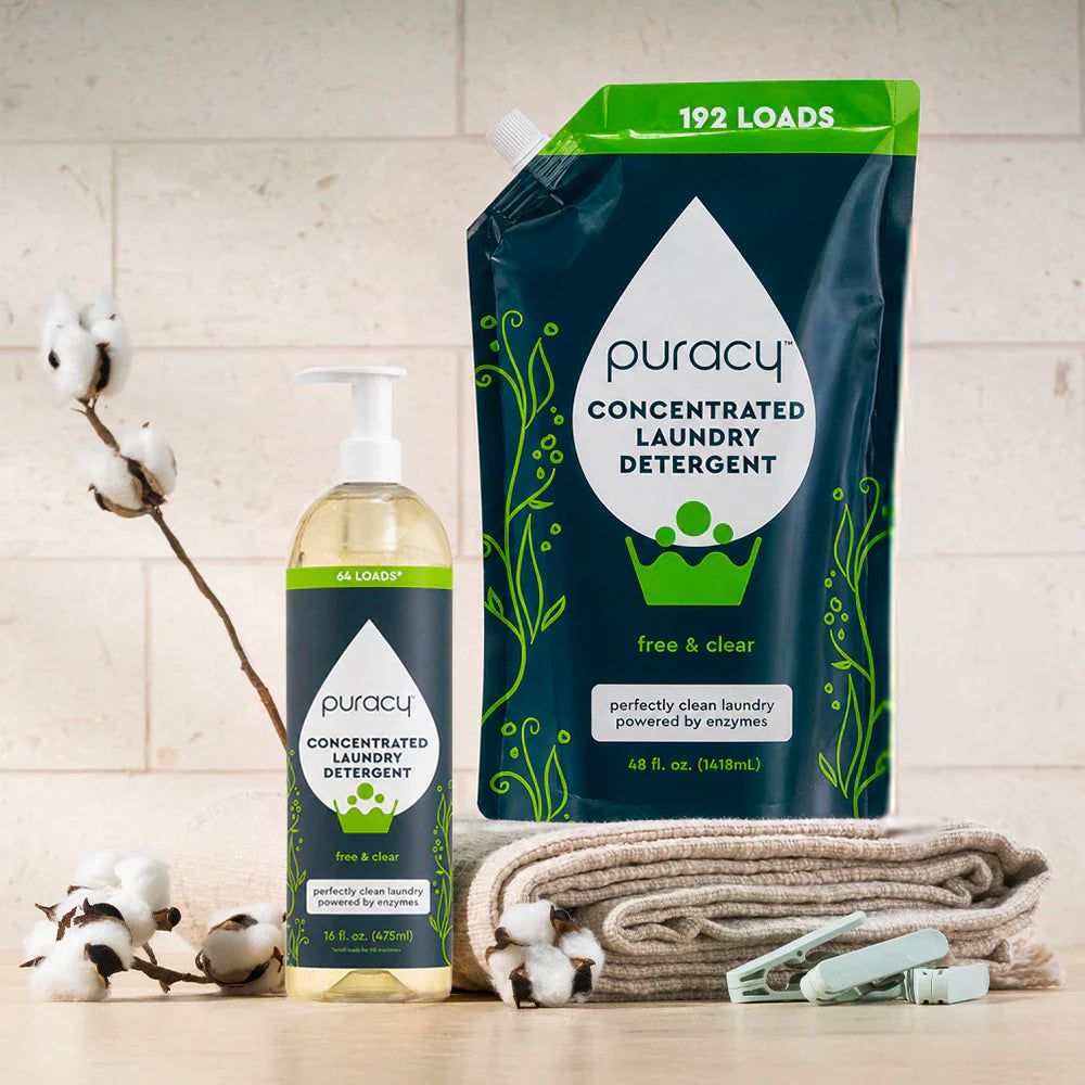 Puracy unscented concentrated laundry detergent bottle, sulfate-free and suitable for all types of laundry loads.