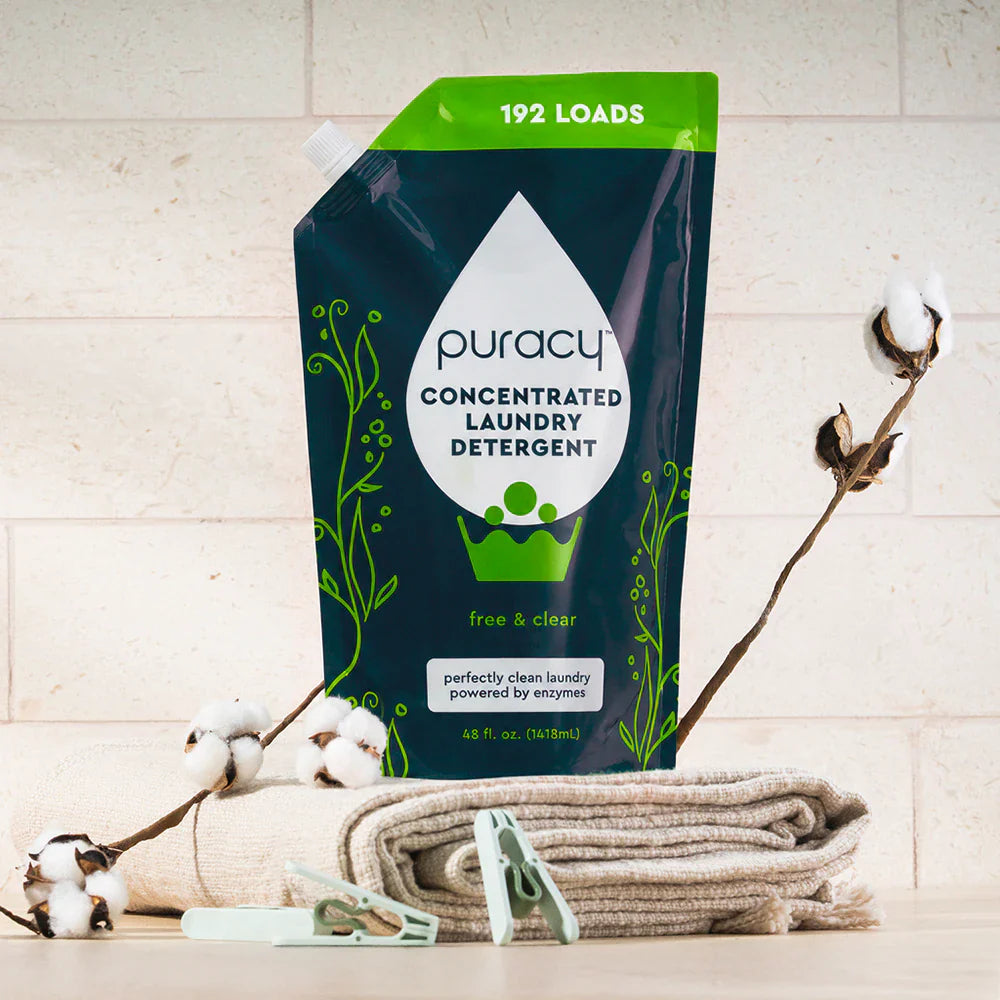 Puracy concentrated, sulfate-free laundry detergent bottle with unscented formula, designed for effective cleaning.
