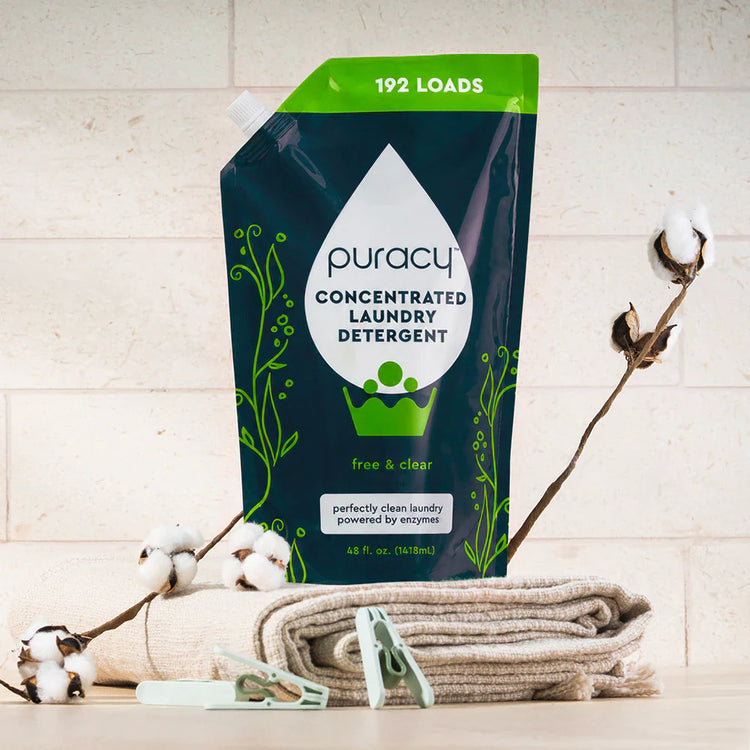 Puracy concentrated, sulfate-free laundry detergent bottle with unscented formula, designed for effective cleaning.