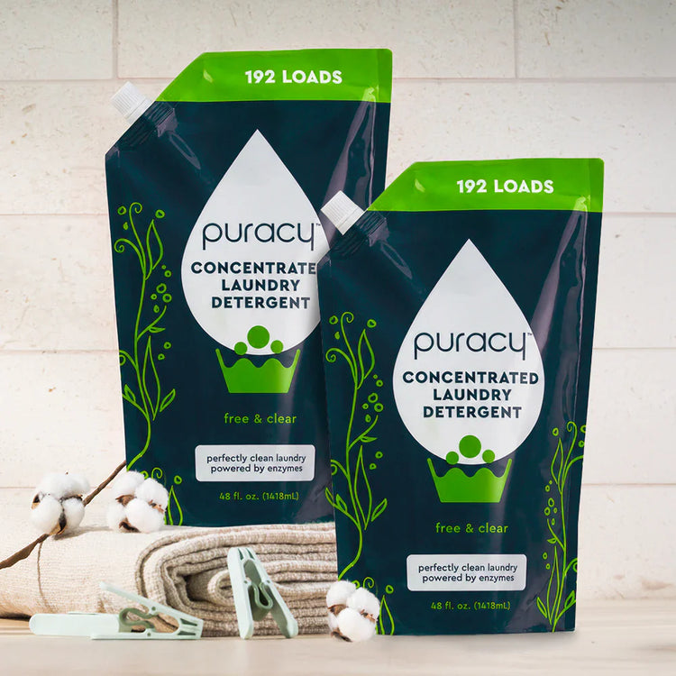 Puracy concentrated laundry detergent in a clear bottle, unscented, sulfate-free, suitable for all laundry types.