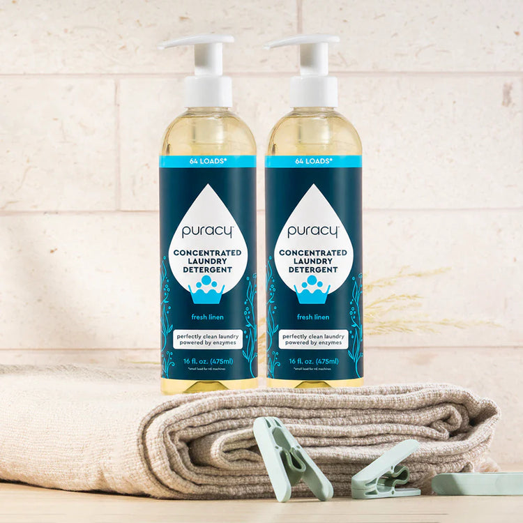 Puracy concentrated unscented laundry detergent in a clear bottle, sulfate-free formula for effective cleaning of clothes.