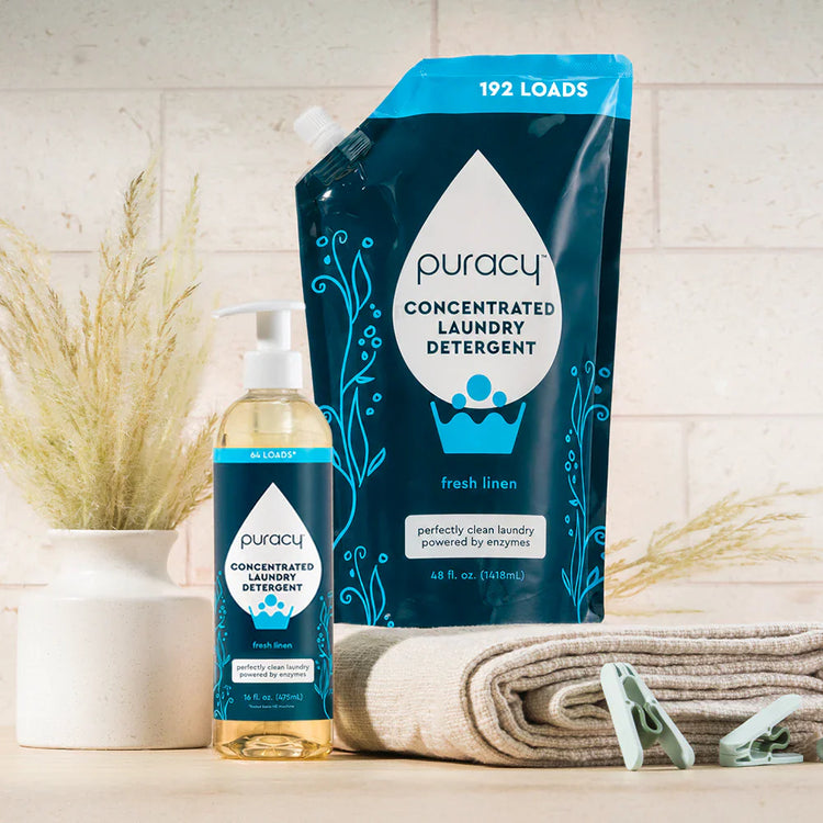 Puracy unscented concentrated laundry detergent in a clear bottle, sulfate-free formula for effective, gentle cleaning.