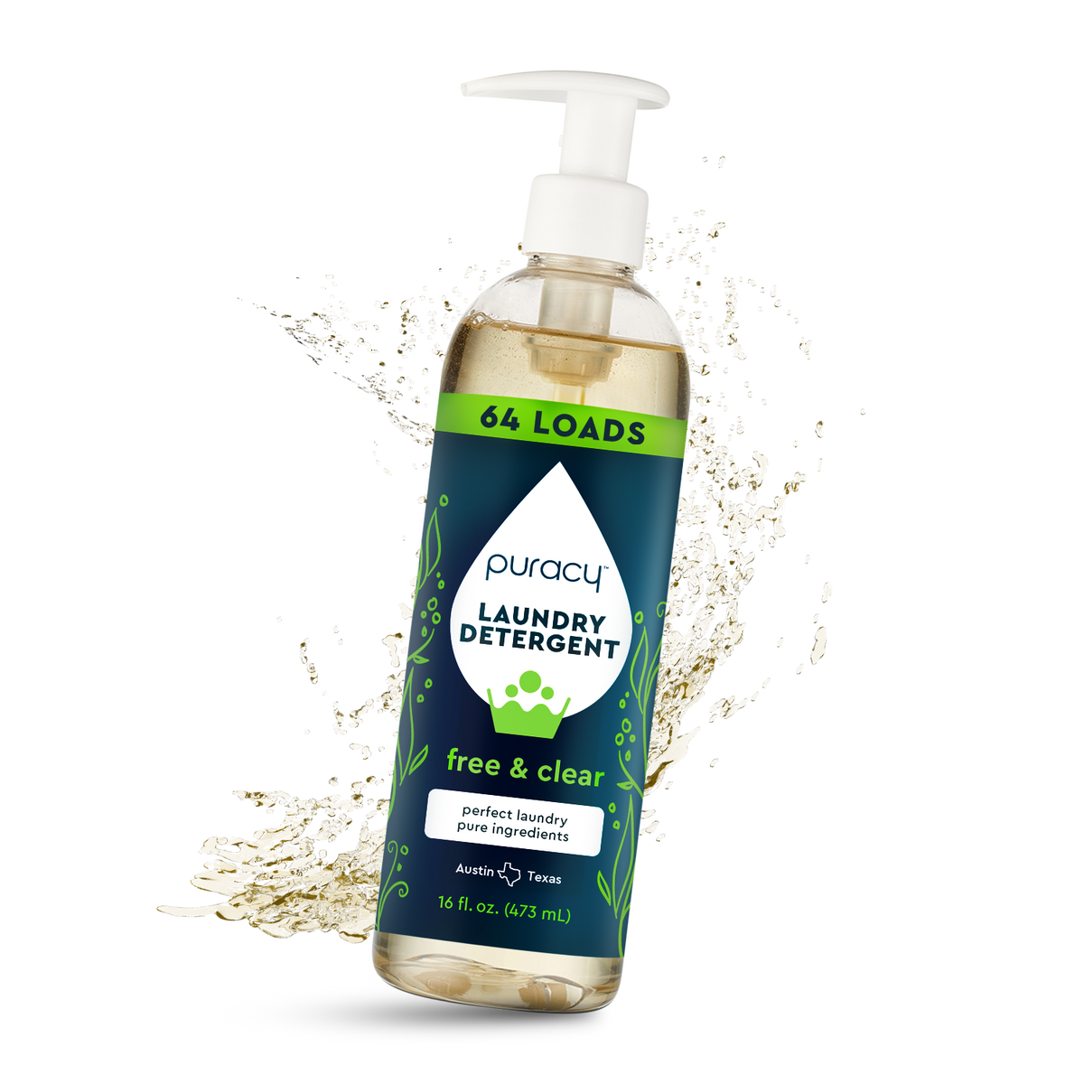 Puracy concentrated laundry detergent bottle, sulfate-free and unscented, suitable for standard laundry loads.