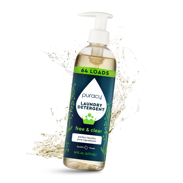Puracy concentrated laundry detergent bottle, sulfate-free and unscented, suitable for standard laundry loads.