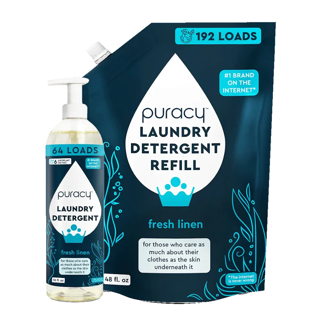 Puracy concentrated unscented sulfate-free laundry detergent bottle, eco-friendly laundry product for clean, fresh clothes.