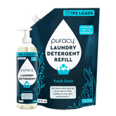 Puracy concentrated unscented sulfate-free laundry detergent bottle, eco-friendly laundry product for clean, fresh clothes.