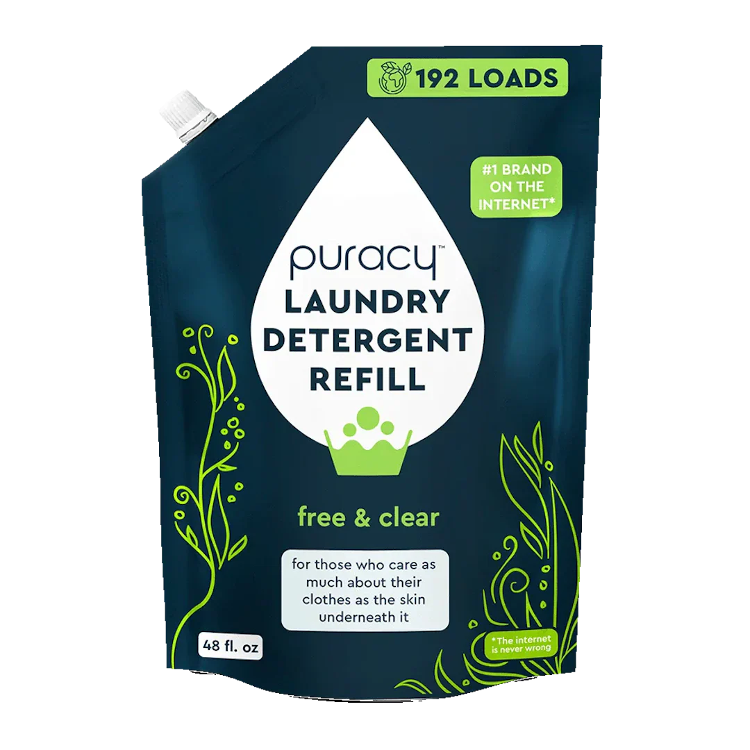 Puracy concentrated sulfate-free laundry detergent bottle, unscented, with label showing natural cleaning ingredients.