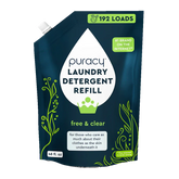 Puracy concentrated sulfate-free laundry detergent bottle, unscented, with label showing natural cleaning ingredients.