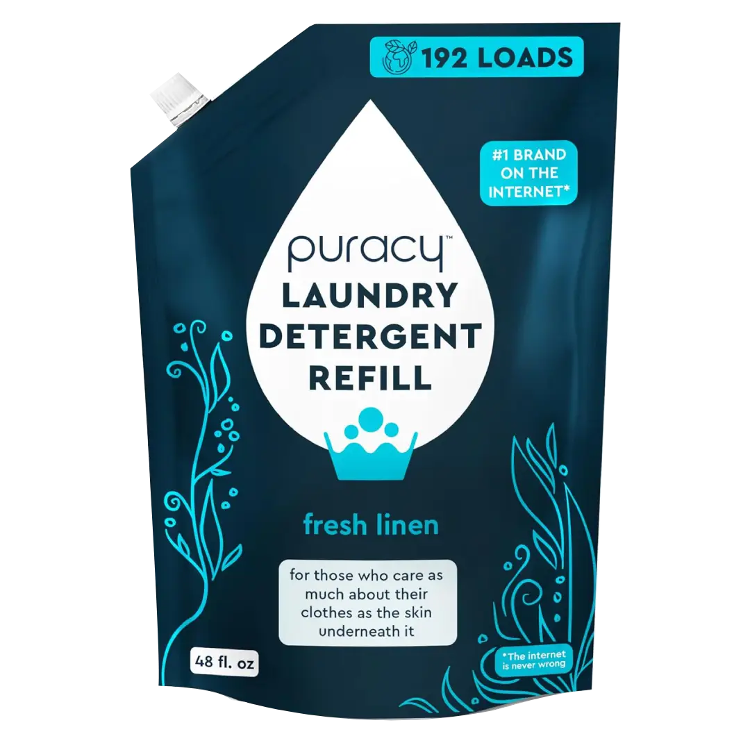Puracy unscented concentrated laundry detergent in a clear bottle, sulfate-free formula for effective cleaning.