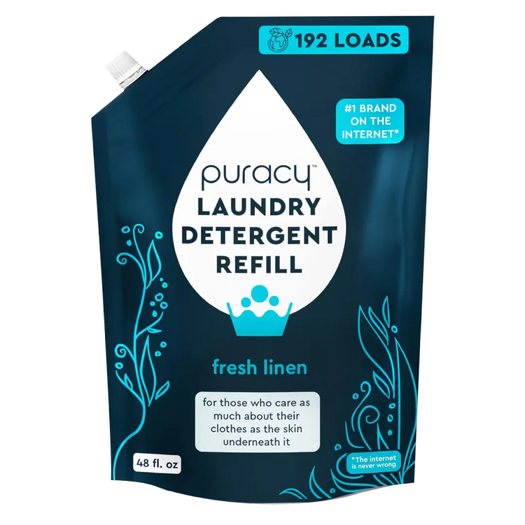 Puracy unscented concentrated laundry detergent in a clear bottle, sulfate-free formula for effective cleaning.