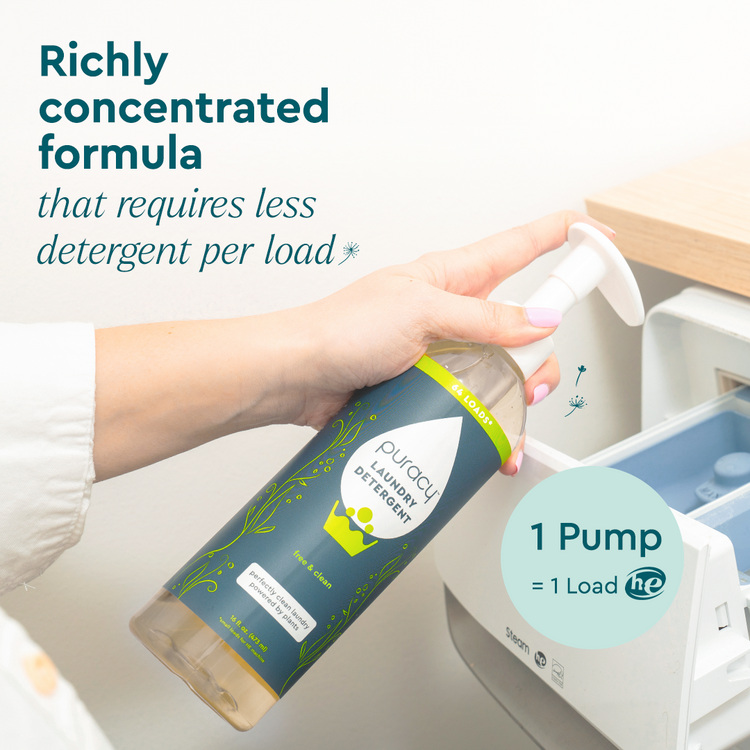 Puracy concentrated sulfate-free laundry detergent in a white bottle, suitable for gentle and effective laundry cleaning.