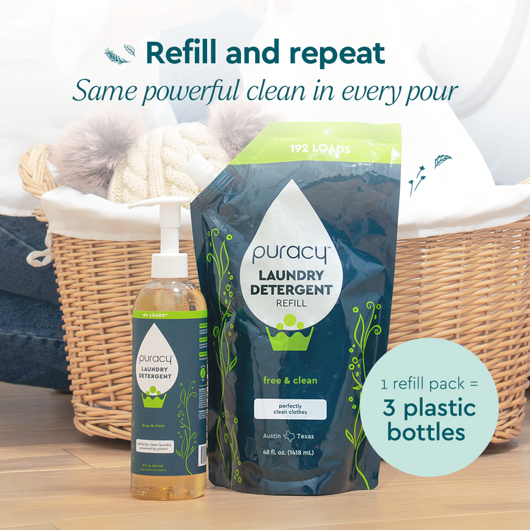 Puracy concentrated sulfate-free laundry detergent bottle, unscented, for effective cleaning of clothes and fabrics.