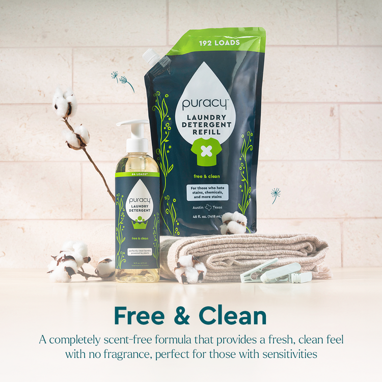 Puracy concentrated laundry detergent in a white bottle, sulfate-free and unscented, suitable for all laundry loads.