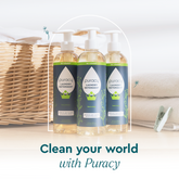 Puracy concentrated sulfate-free laundry detergent in a clear bottle with a white cap, suitable for all laundry types.