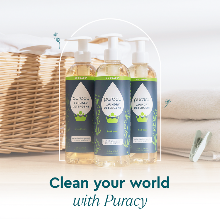 Puracy concentrated sulfate-free laundry detergent in a clear bottle with a white cap, suitable for all laundry types.