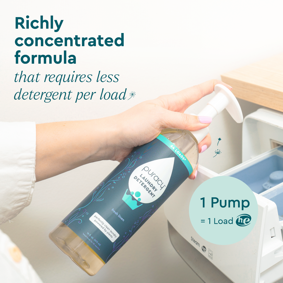 Puracy concentrated unscented laundry detergent in a clear bottle, sulfate-free formula ideal for gentle, effective cleaning.