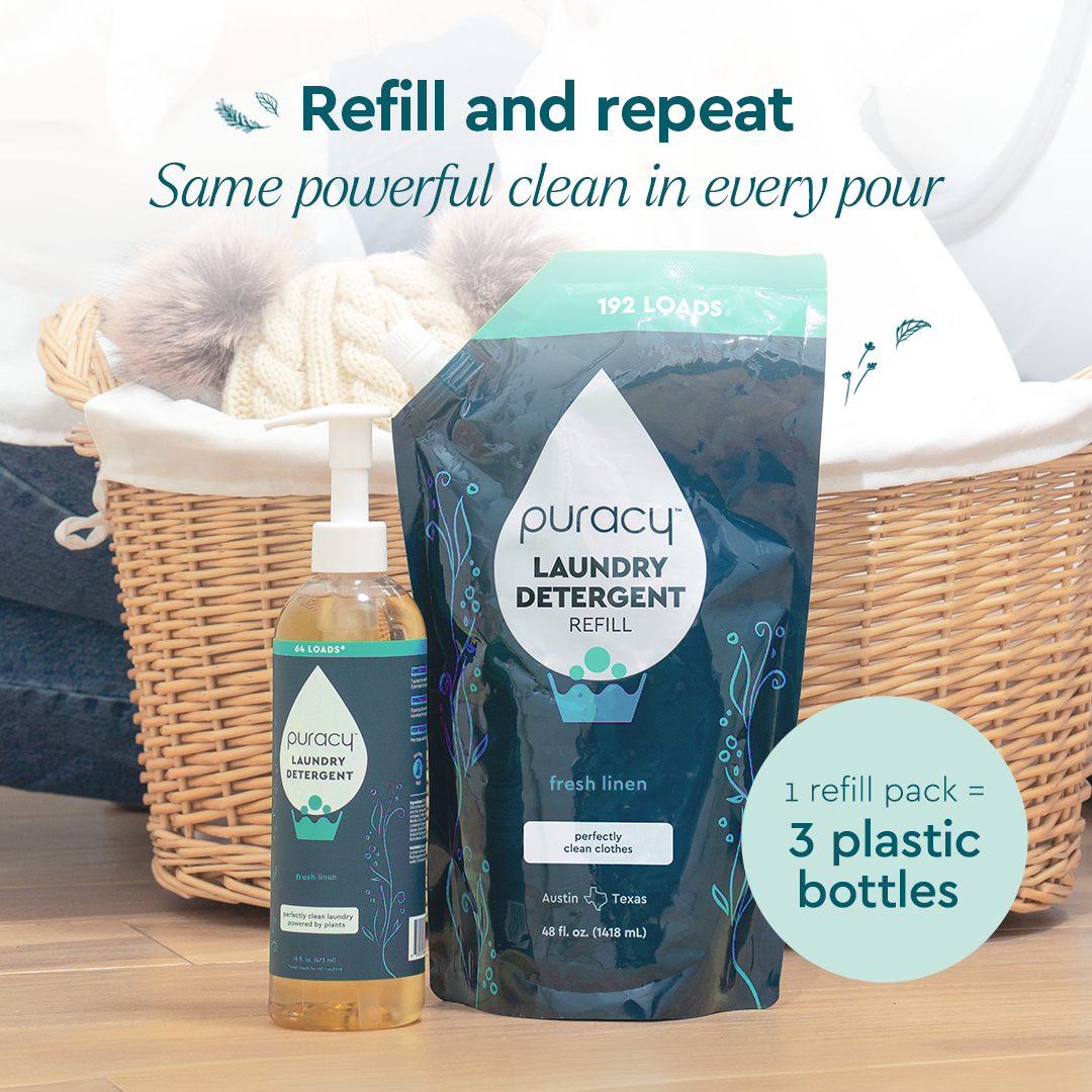 Puracy concentrated unscented laundry detergent bottle, sulfate-free eco-friendly cleaning product for fresh laundry.