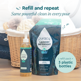Puracy concentrated unscented laundry detergent bottle, sulfate-free eco-friendly cleaning product for fresh laundry.