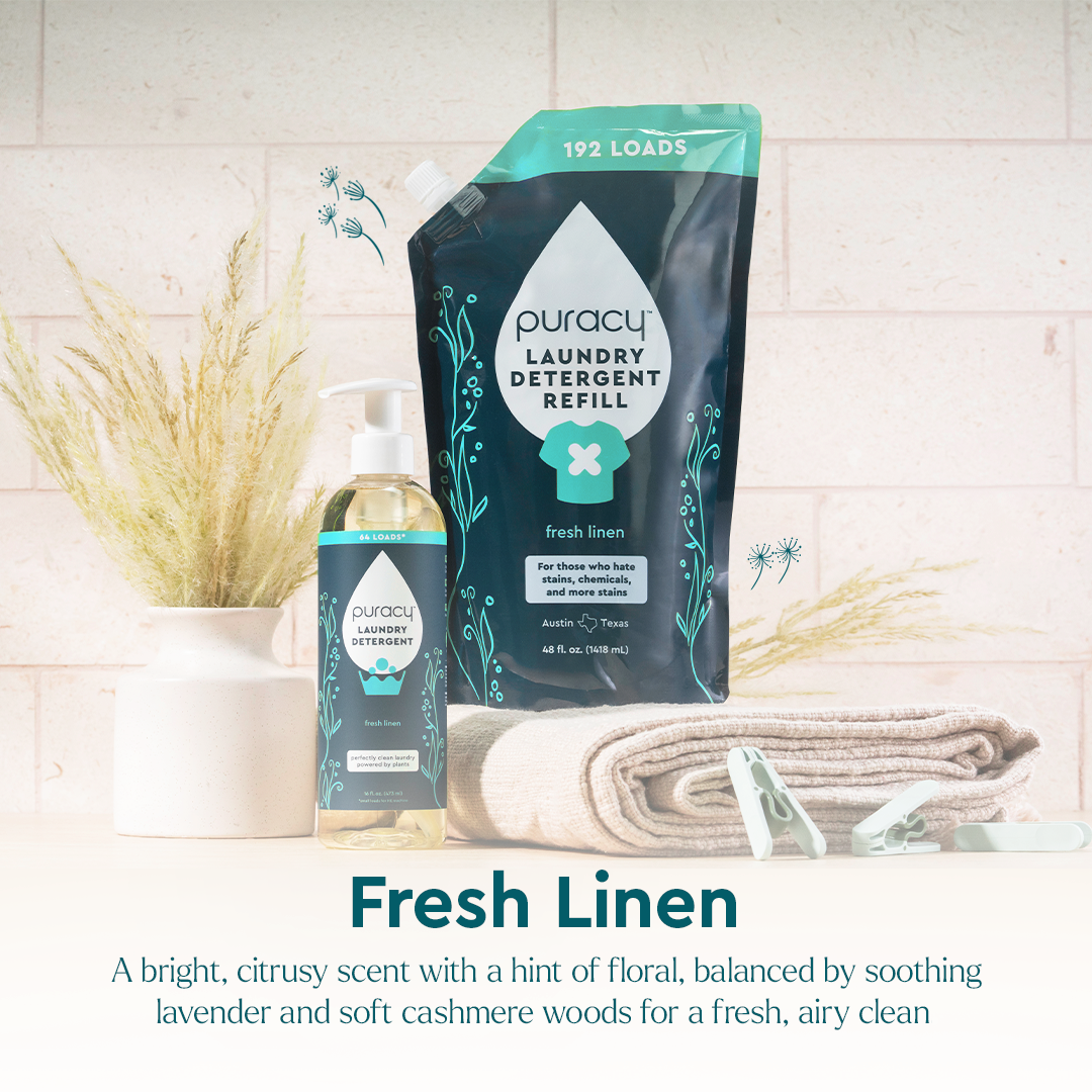 Puracy unscented concentrated laundry detergent bottle, sulfate-free eco-friendly cleaning product for fresh laundry.