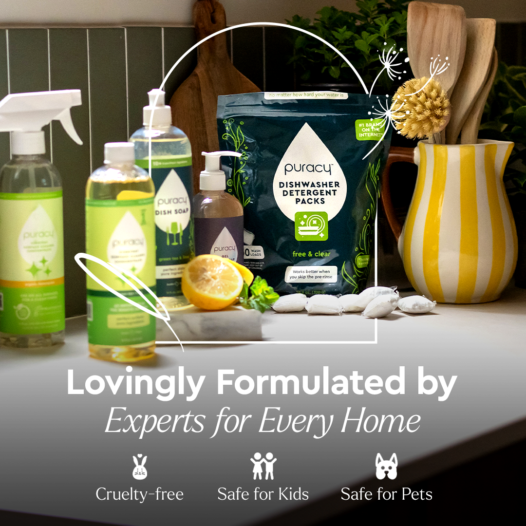 Puracy concentrated sulfate-free laundry detergent in a clear bottle, suitable for all laundry needs, with an unscented formula.