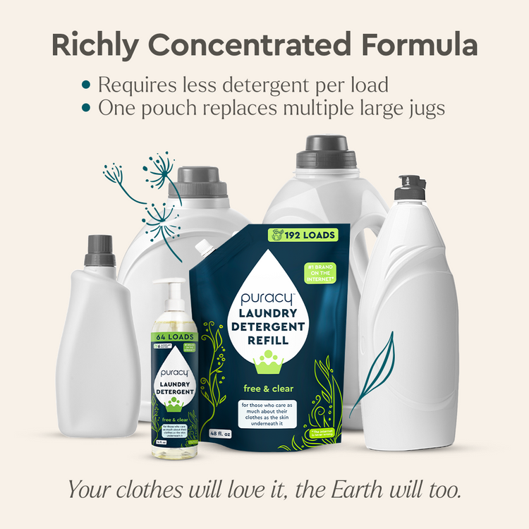 Puracy concentrated sulfate-free laundry detergent bottle, unscented, for gentle and effective cleaning of clothes.