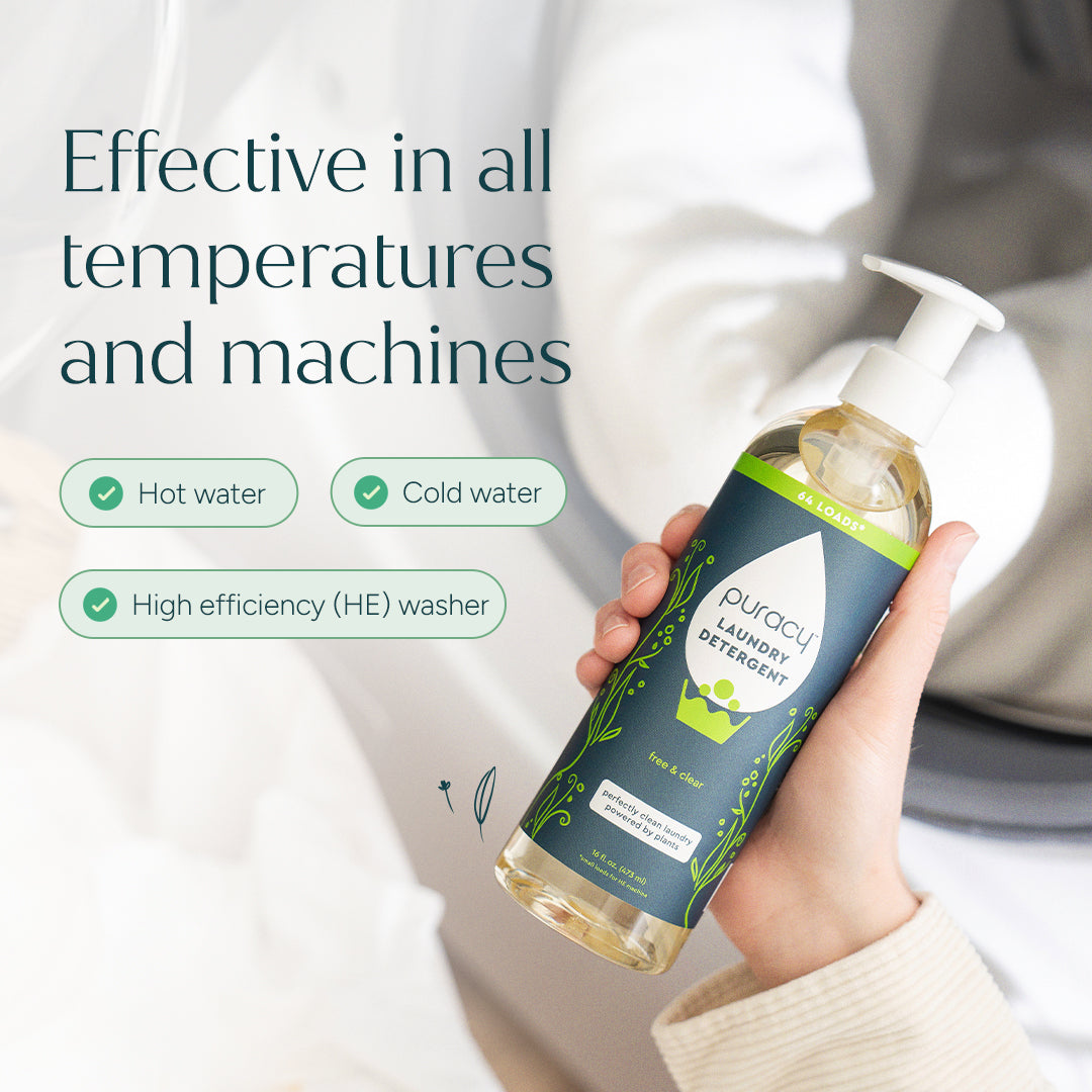 Puracy concentrated sulfate-free laundry detergent bottle, unscented for gentle, effective cleaning of clothes.