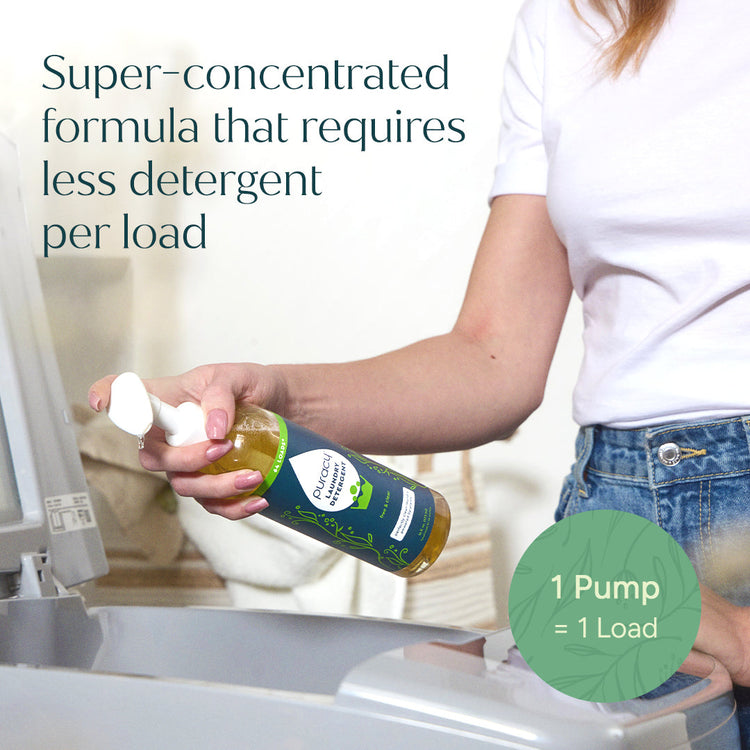 Puracy concentrated sulfate-free laundry detergent bottle, unscented and suitable for all laundry loads.
