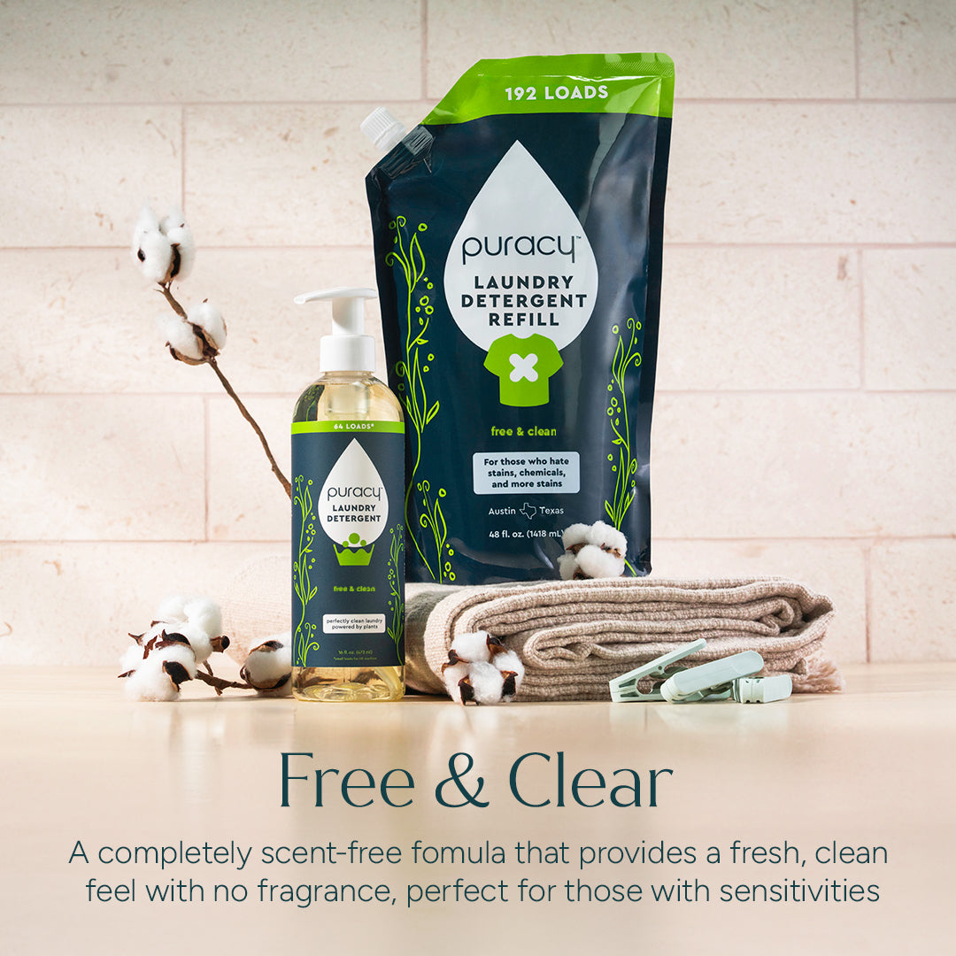 Puracy unscented concentrated laundry detergent in a clear bottle, sulfate-free formula for effective cleaning of clothes.