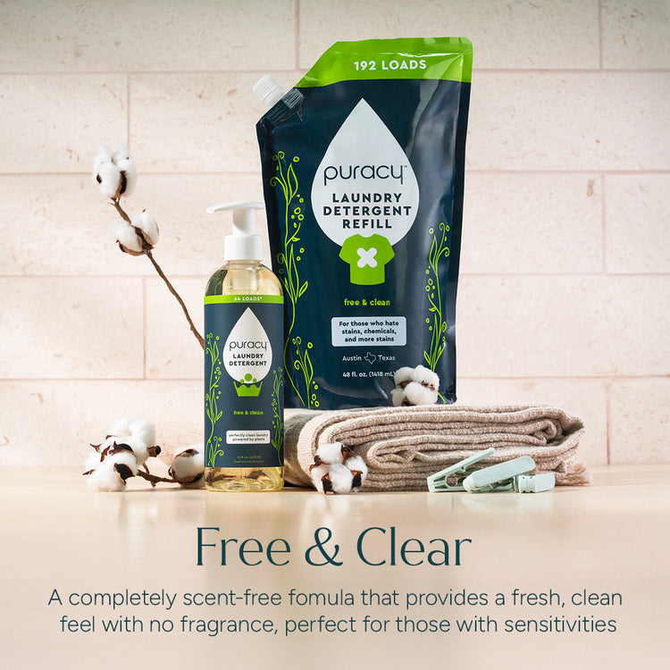 Puracy unscented concentrated laundry detergent in a clear bottle, sulfate-free formula for effective cleaning of clothes.
