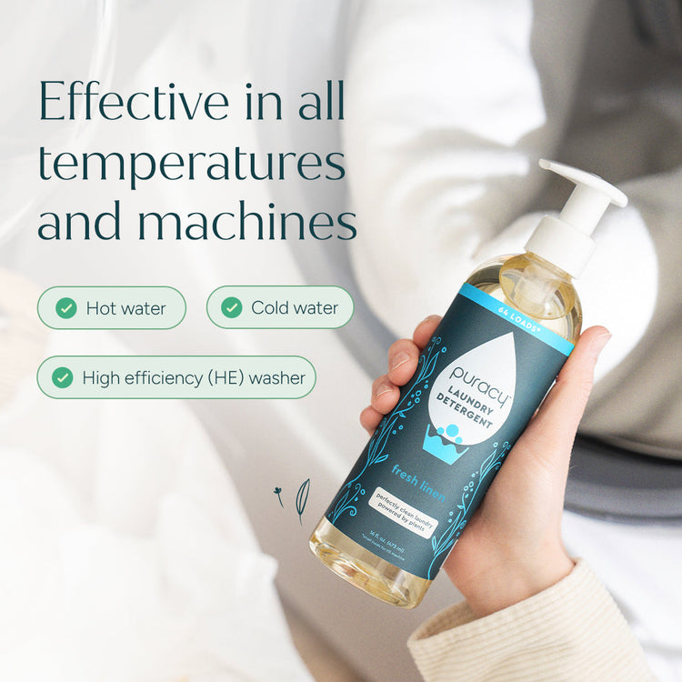 Puracy concentrated sulfate-free laundry detergent bottle, unscented and suitable for all laundry loads.