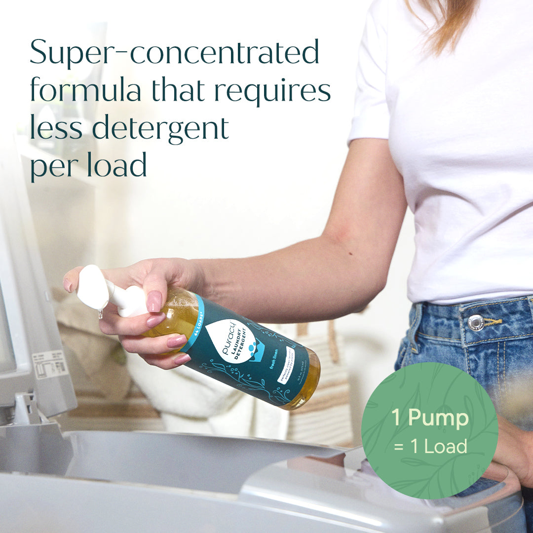Puracy unscented concentrated laundry detergent bottle, sulfate-free formula for effective clean in a standard size.