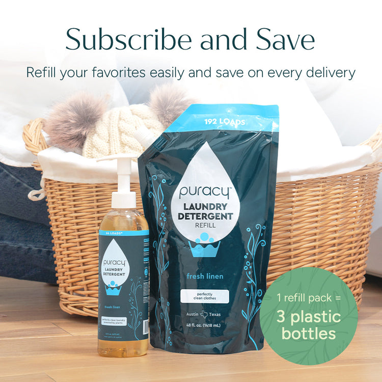 Puracy concentrated unscented laundry detergent in a white bottle, sulfate-free formula for effective cleaning.
