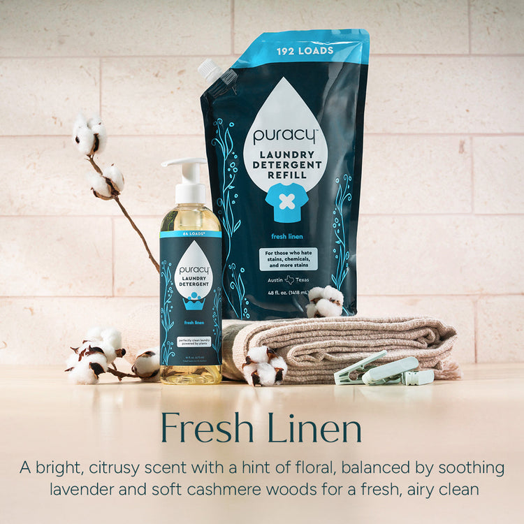 Puracy concentrated laundry detergent bottle, sulfate-free and unscented, designed for effective, gentle cleaning of clothes.