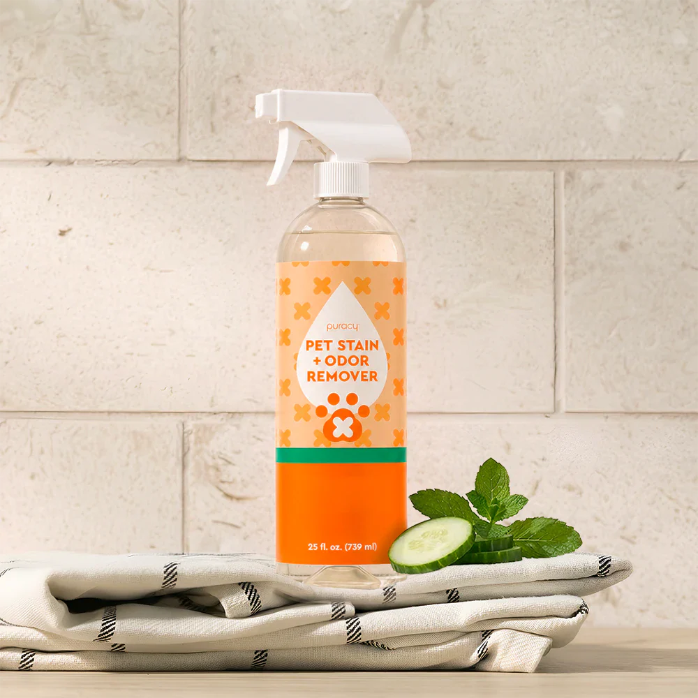 Puracy Pet Stain & Odor Remover with cucumber mint scent, natural pet stain and odor remover in a spray bottle.