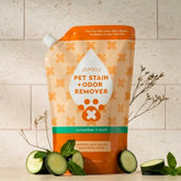 Puracy Pet Stain & Odor Remover bottle with cucumber mint scent, designed for removing pet stains and odors from carpets and furniture.