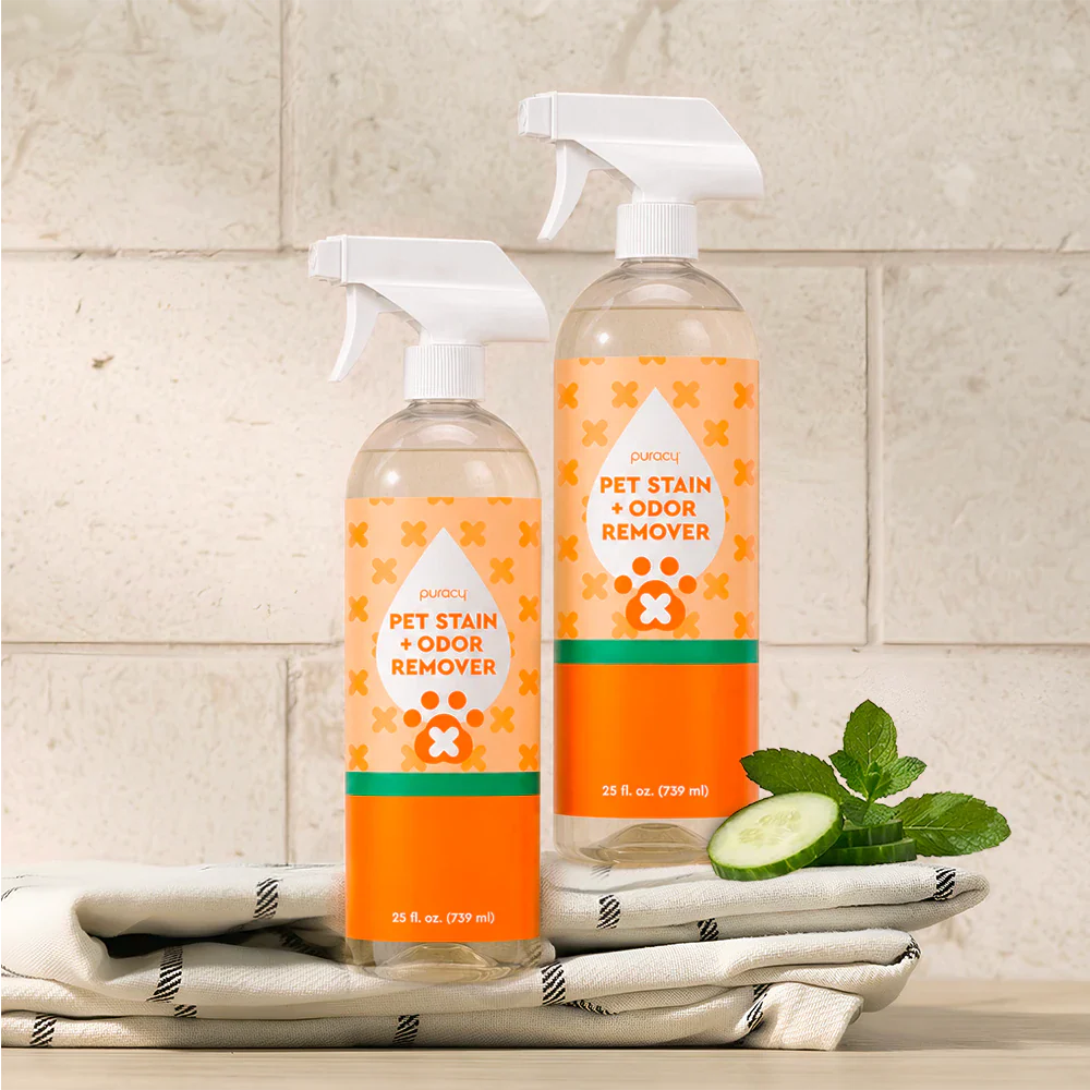 Puracy Pet Stain & Odor Remover bottle with cucumber mint scent, designed to eliminate pet stains and odors effectively.