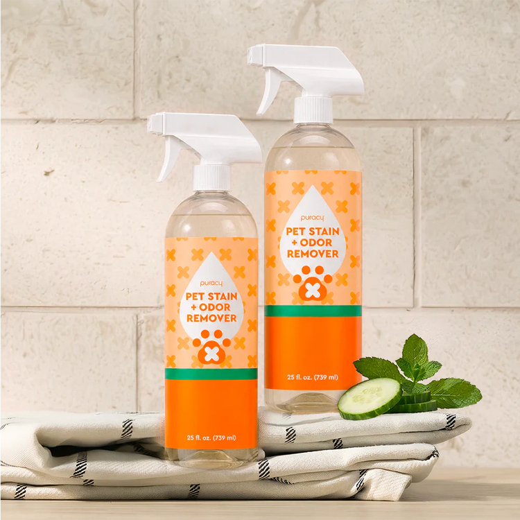Puracy Pet Stain & Odor Remover bottle with cucumber mint scent, designed to eliminate pet stains and odors effectively.