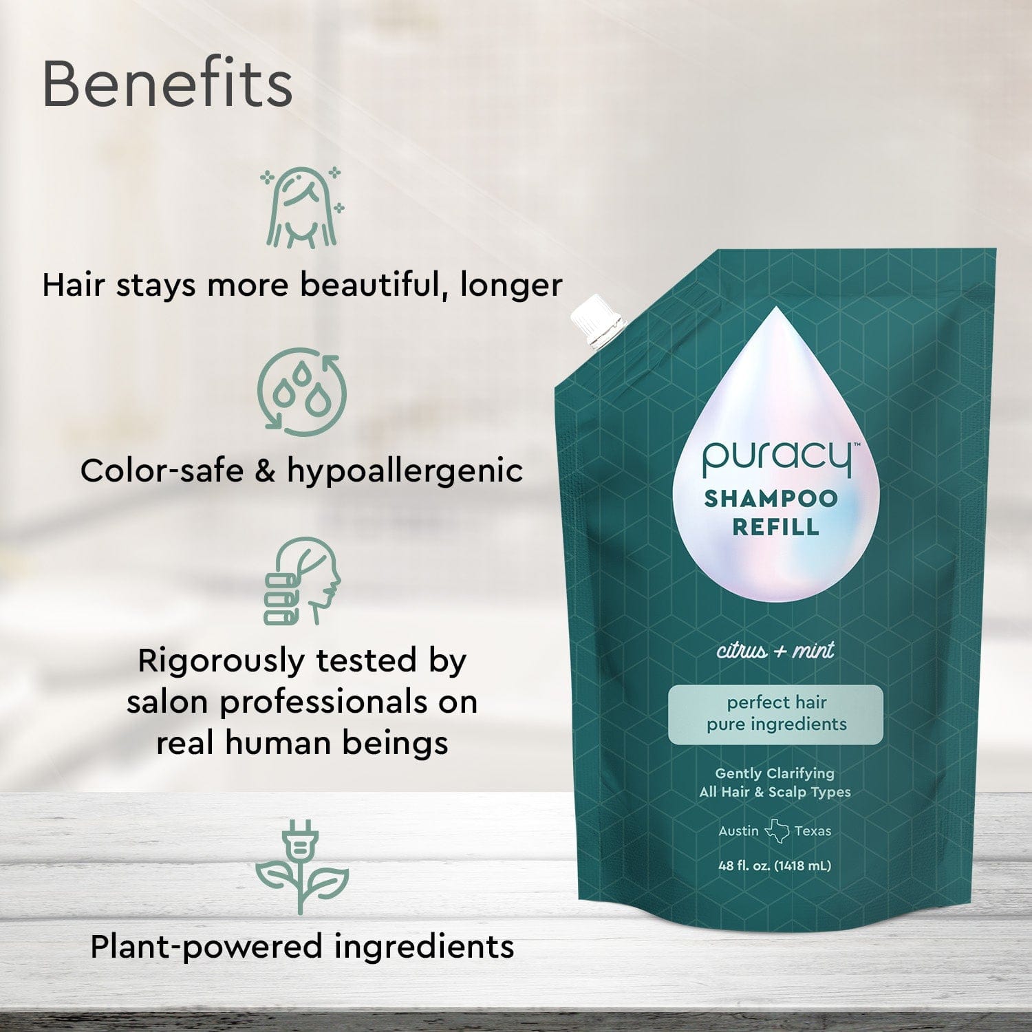 Puracy citrus mint sulfate-free, paraben-free, silicone-free shampoo bottle with citrus and mint ingredients visible.
