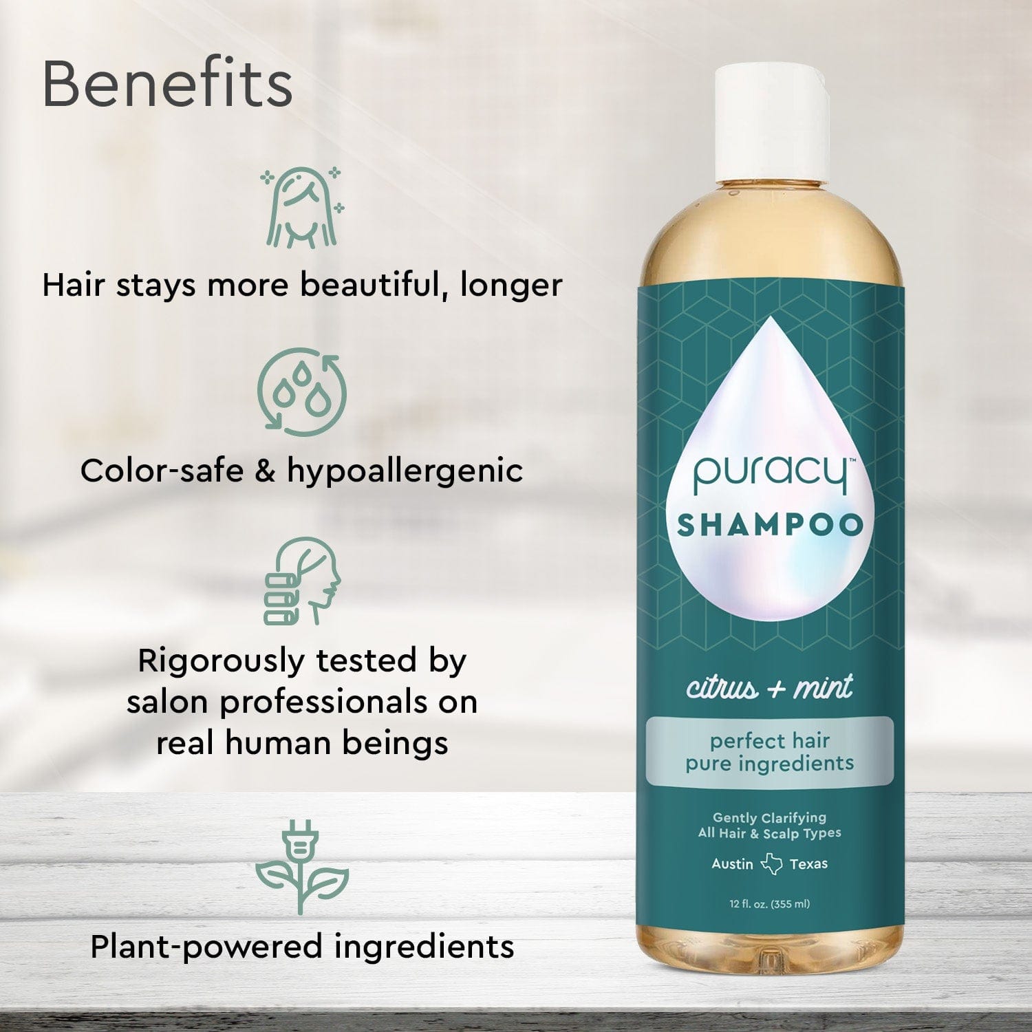 Puracy sulfate, paraben, and silicone-free citrus mint shampoo bottle with fresh citrus and mint ingredients visible.
