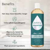 Puracy sulfate, paraben, and silicone-free citrus mint shampoo bottle with fresh citrus and mint ingredients visible.