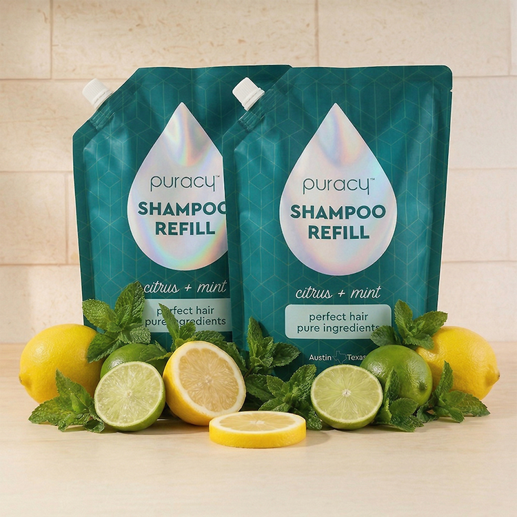 Puracy sulfate, paraben, and silicone-free citrus mint shampoo bottle with vibrant label and clean design.