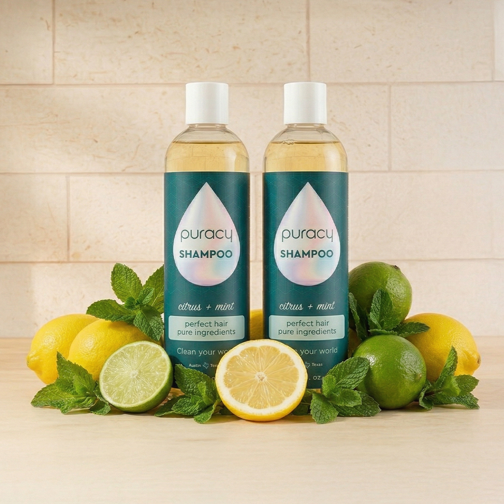 Puracy sulfate, paraben, silicone-free citrus mint shampoo bottle with natural ingredients and clean label design.