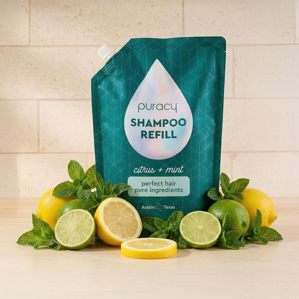 Puracy citrus mint sulfate, paraben, and silicone-free shampoo bottle with a clean label and fresh citrus and mint design.