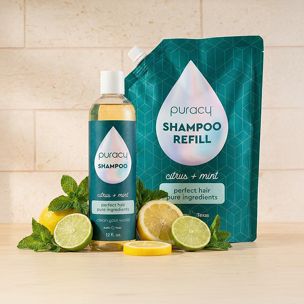 Puracy Citrus Mint sulfate-free shampoo bottle showing natural ingredients and clean, refreshing design.