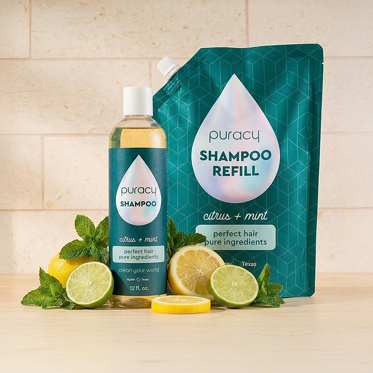 Puracy Citrus Mint sulfate-free shampoo bottle showing natural ingredients and clean, refreshing design.