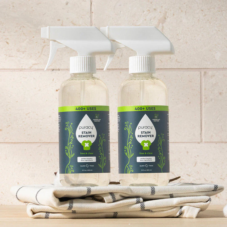 Puracy unscented laundry stain remover bottle, close-up of the stain remover product for removing tough stains from clothes.